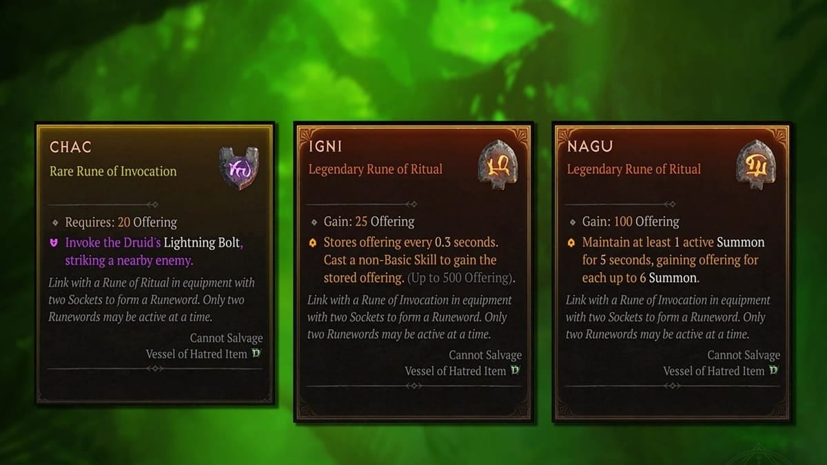 Three Diablo 4 Runes showcased against a green background