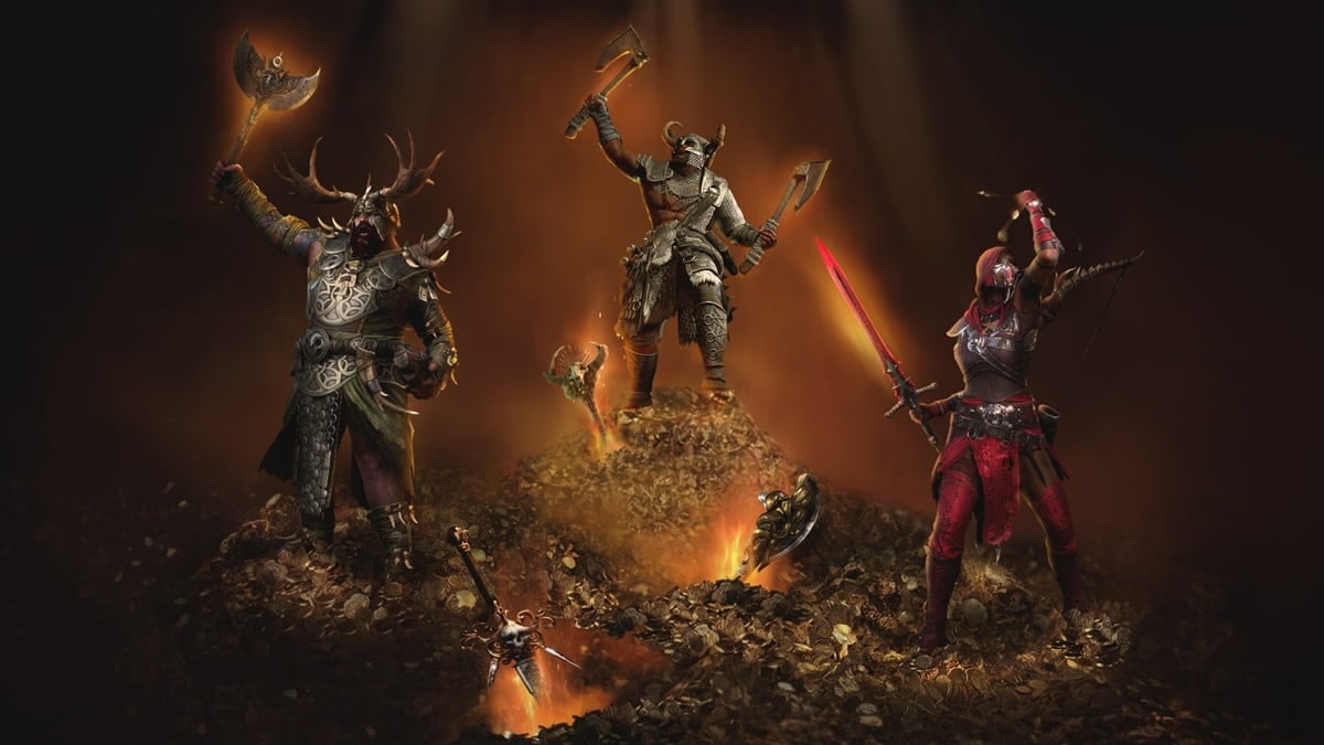 Diablo 4 characters raising their arms up showcasing their gear in a fiery background