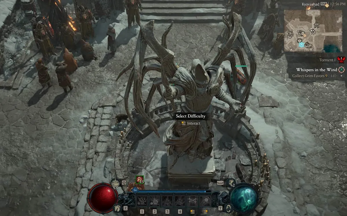 A stone statue of an angel erected in the middle of a snow-covered town square in Diablo 4