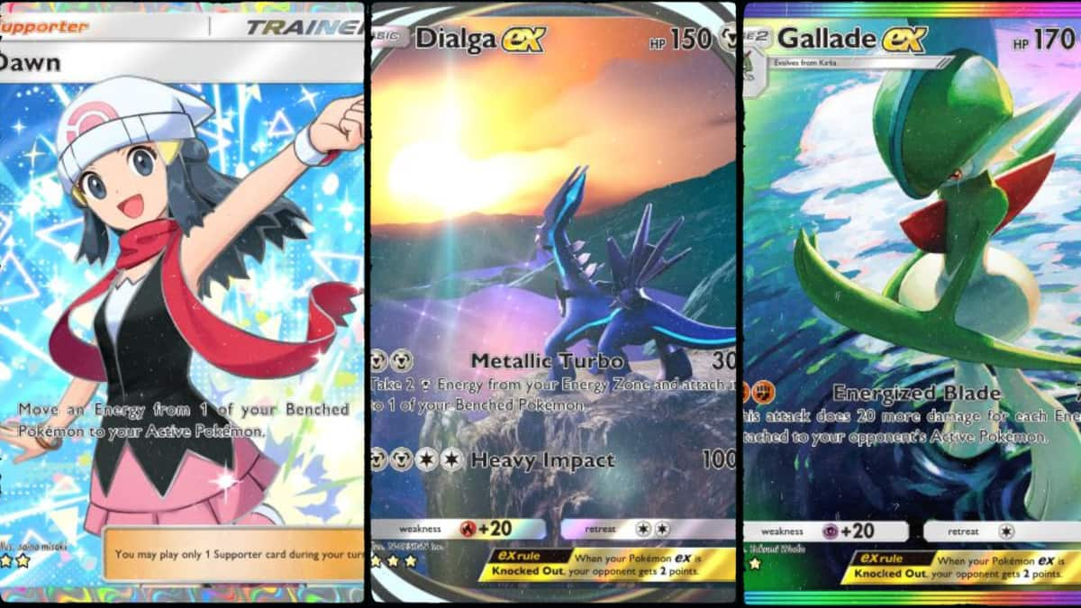 Dawn, Dialga, and Gallade from Space-Time Smackdown in Pokemon TCG pocket