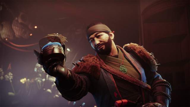 The Drifter in Destiny 2 offers the player a blue drink with a small umbrella.