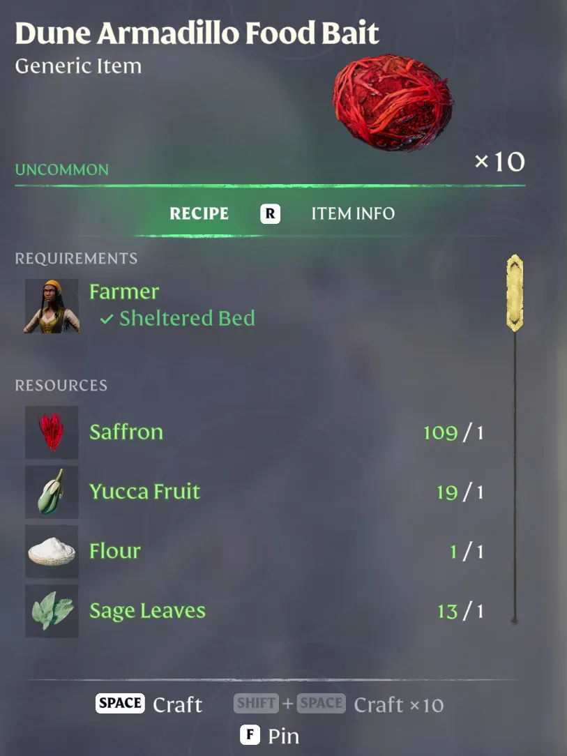 This screenshot shows readers the crafting recipe for Dune Armadillo Bait.