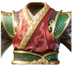 A chest armor piece from Enshrouded with red fabric with snake like designs. Green scale like armor adorns the shoulders.