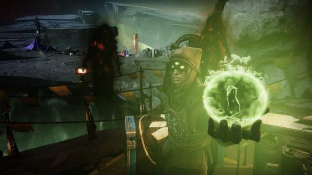 Eris Morn holds her glowing orb in front of the Guardian in the Moon's Sanctuary area.