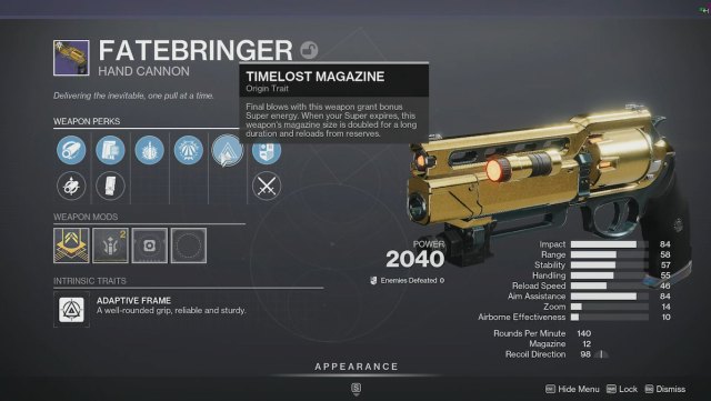 A reissued Fatebringer with the Timelost Magazine origin trait, which reads: "Final blows with this weapon grant bonus Super energy. When your Super expires, this weapon's magazine size is doubled for a long duration and reloads from reserves."