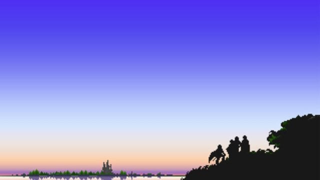 Sunset shot of Final Fantasy 1 with part member silhouettes on hilltop, overlooking the horizon