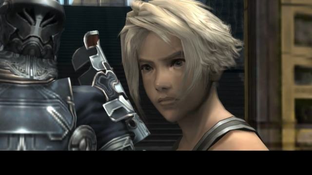 A close up of Vaan's face with a knight behind him