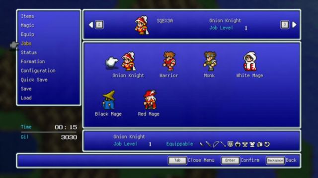 Job menu in FFIII