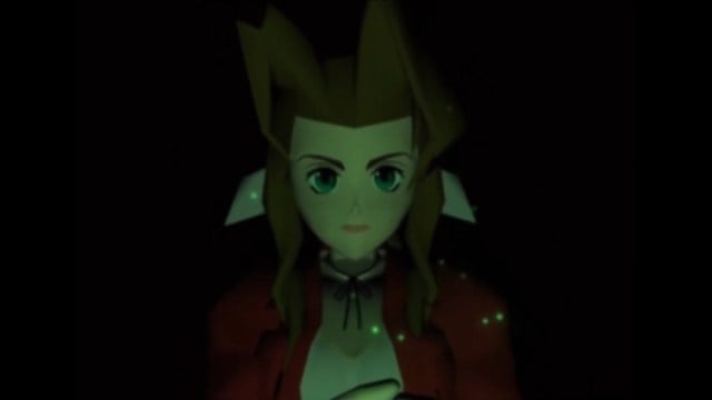 A close up of Aerith at the start of FFVII