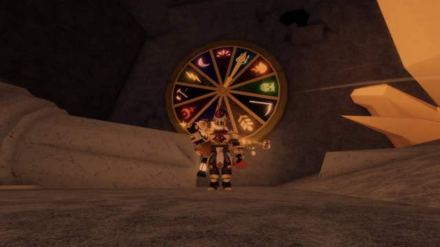 Picture showing a player standing in front of the Zeus Clock Wheels puzzles in Fisch.