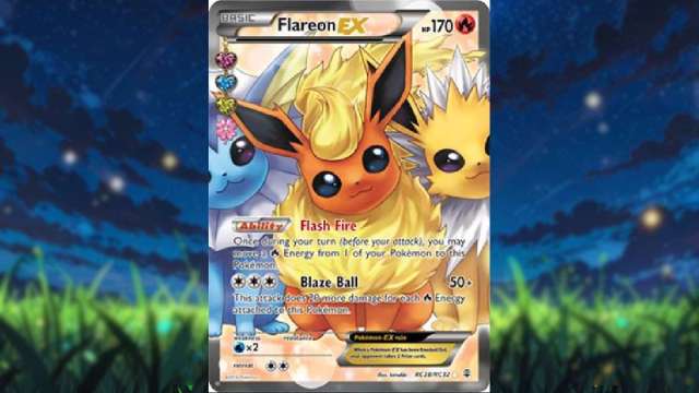 An image of a Eeveelutions Pokemon card that features Flareon, Jolteon, and Vaporeon.