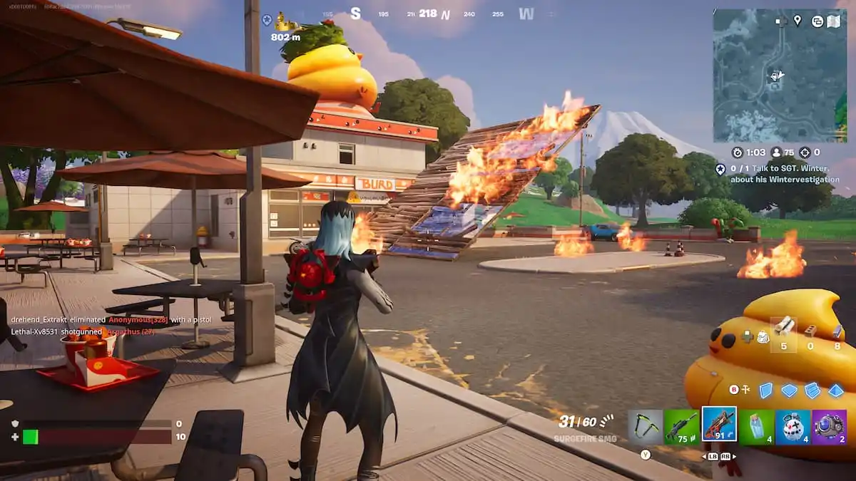 a player watching the gas station burn in fortnite