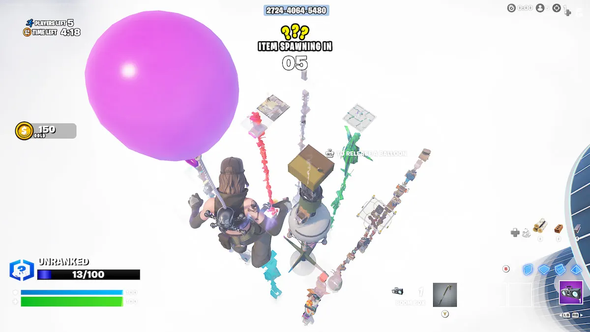 fortnite player floating with a balloon, looking down at others in pillars match