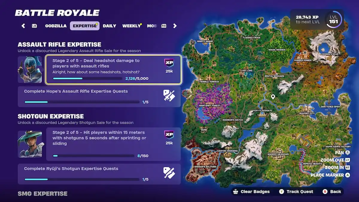 fortnite expertise quests list in the main screen