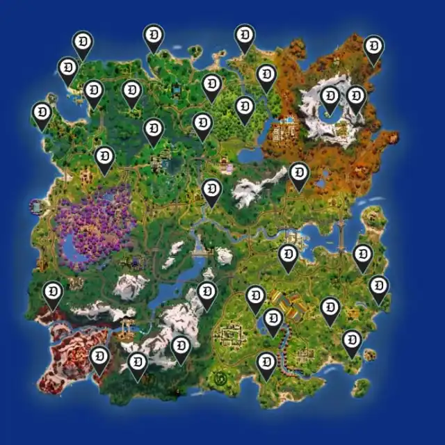 The Fortnite map in Chapter 6 Season 1 with locations of Campfires marked.