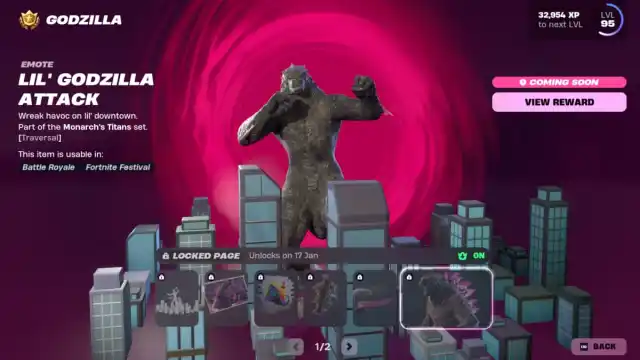 A screenshot of the Godzilla rewards page in Fortnite.