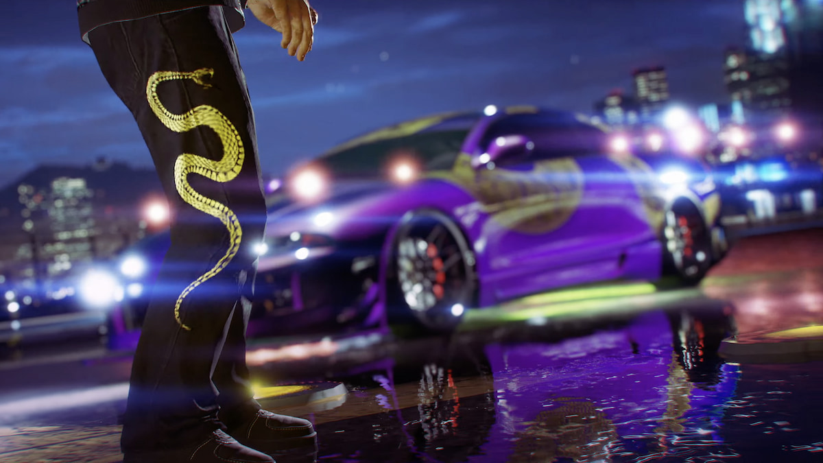 GTA Online character wearing black pants with a gold snake standing in front of a purple car with matching livery