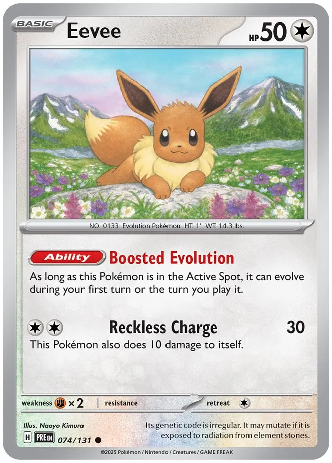 Eevee in a floral field Pokémon card.