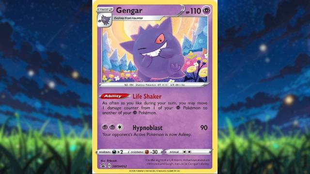 An image from Pokemon of a Gengar card, where he is covering his mouth and looking mischievous.