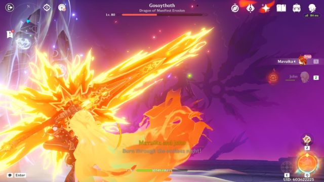 An image from Genshin Impact of the boss fight against the Eroded Lord of Fire. This part of the fight asks you to aim and launch three fire slashes that greatly weaken the boss.