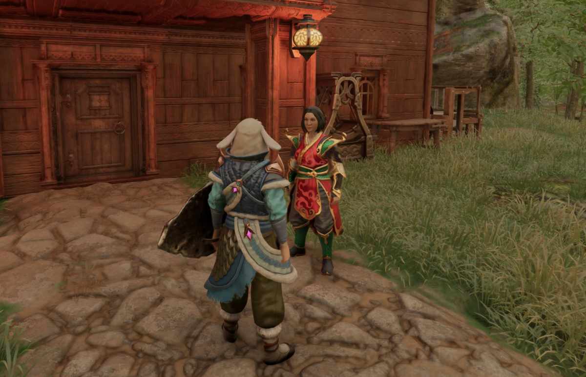 This screenshot from Enshrouded shows readers what Mei, the Lunar New Year Trader looks like: A woman with black hair standing in red and green Chinese-themed warrior attire.