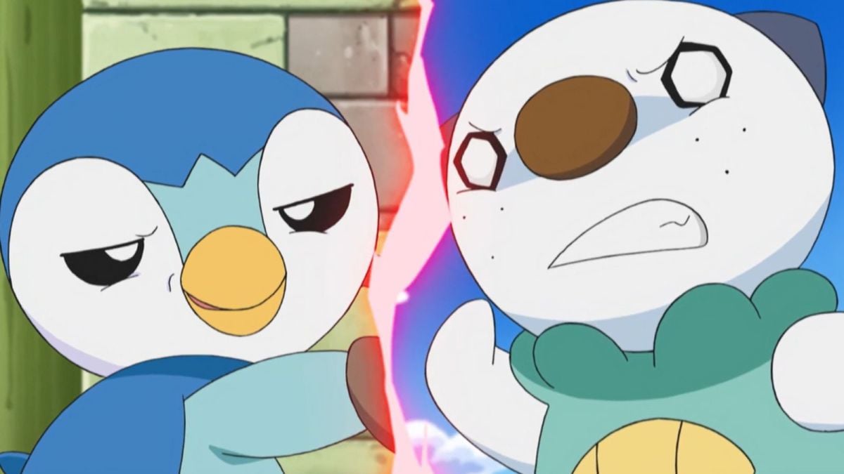 Piplup and Oshawott Pokémon from the anime fighting each other.