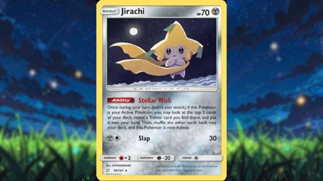 An image of a Jirachi Pokemon Card that features the Pokemon floating in the sky.