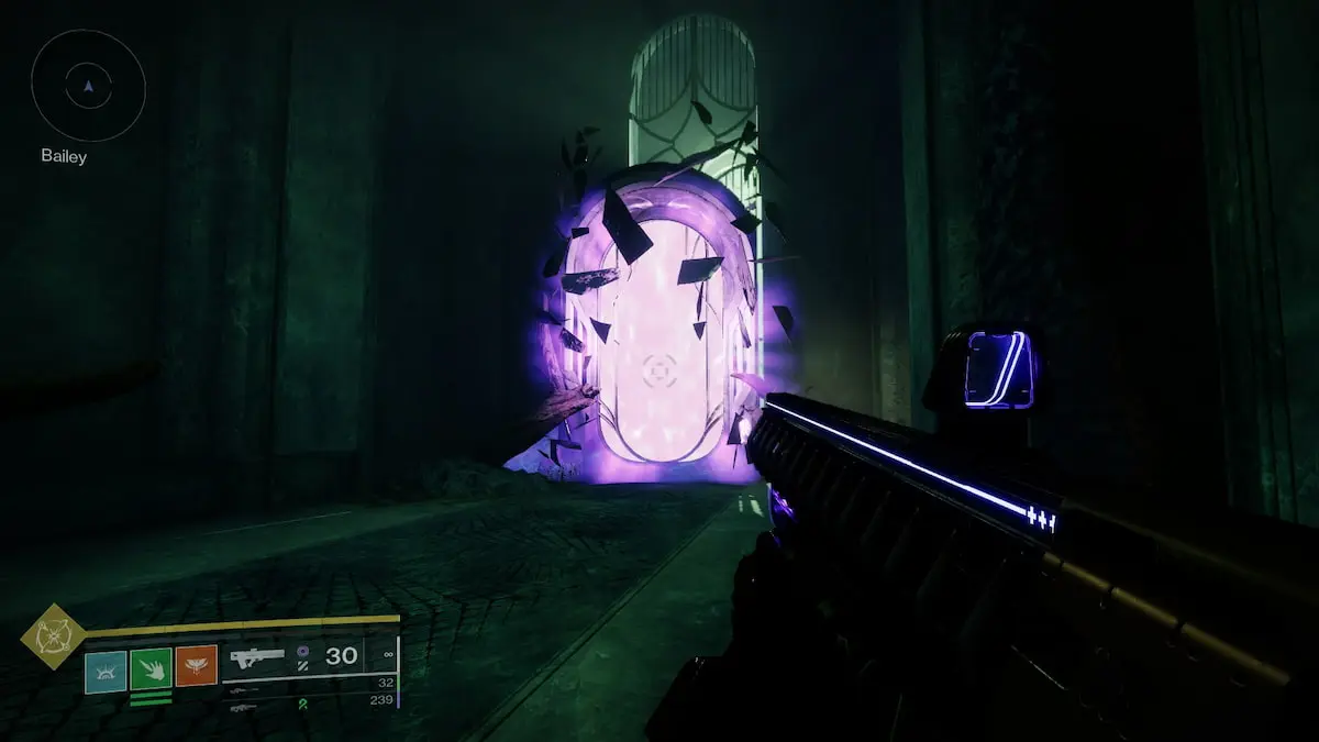 A guardian opens a purple portal through a mirror in Kell's Fall in Destiny 2.