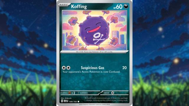 An image from Pokemon of a Koffing card where it is smiling and spewing out toxins.