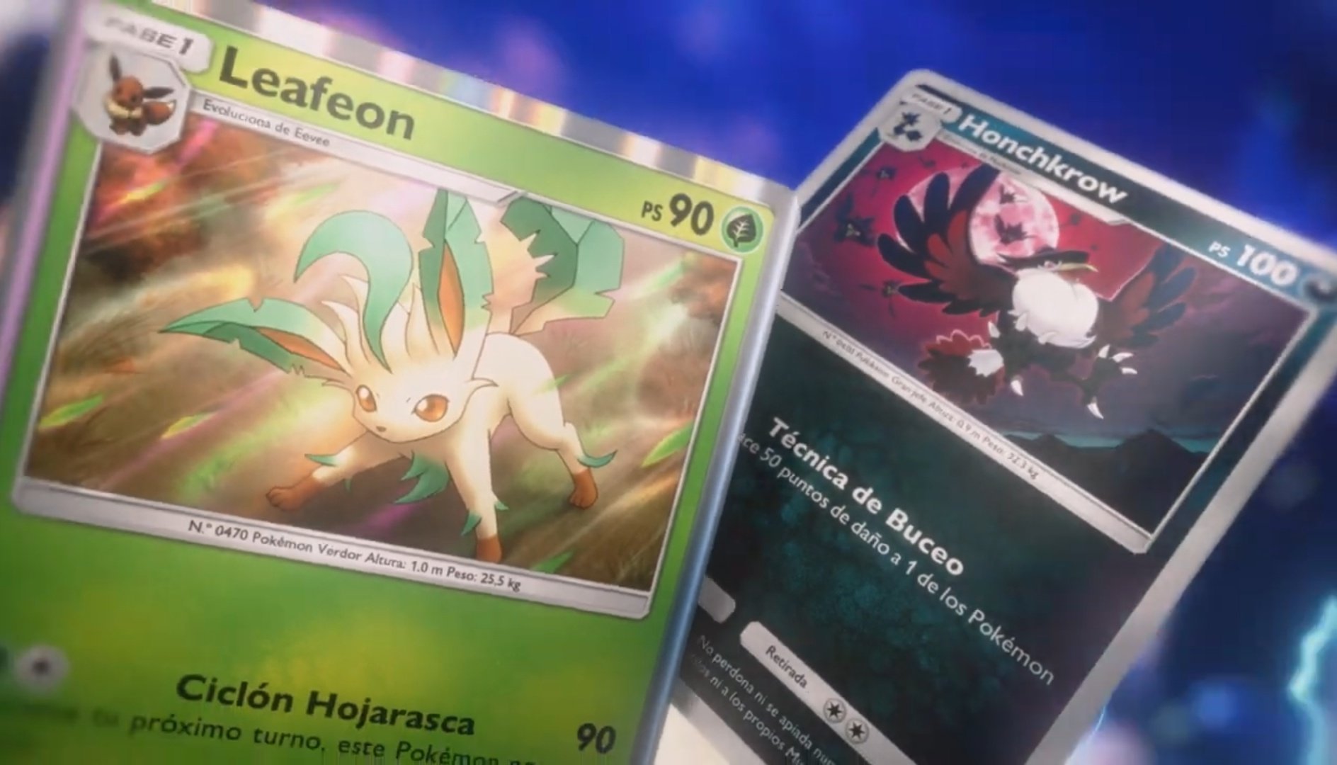 Leafeon and Honchkrow from the Space-Time Smackdown set in Pokemon TCG Pocket