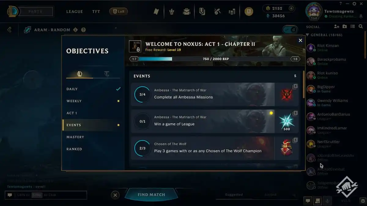 An image from League of Legends of the new Battle Pass mission page, which replaces champion mastery.