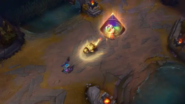 Picture showing the Jinx rocket going back to the enemy as the ally is protected by Mel in League of Legends.