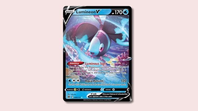 Lumineon V Pokémon card on a pink background.