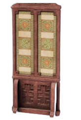 A wooden panel of a room divider. Two elongated, green and beige rectangles decorate on the top half. This is one of the four Room Dividers from Enshrouded.