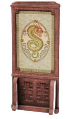 A wooden panel of a room divider. A large snake design takes up the top half. This is one of the four Room Dividers from Enshrouded.