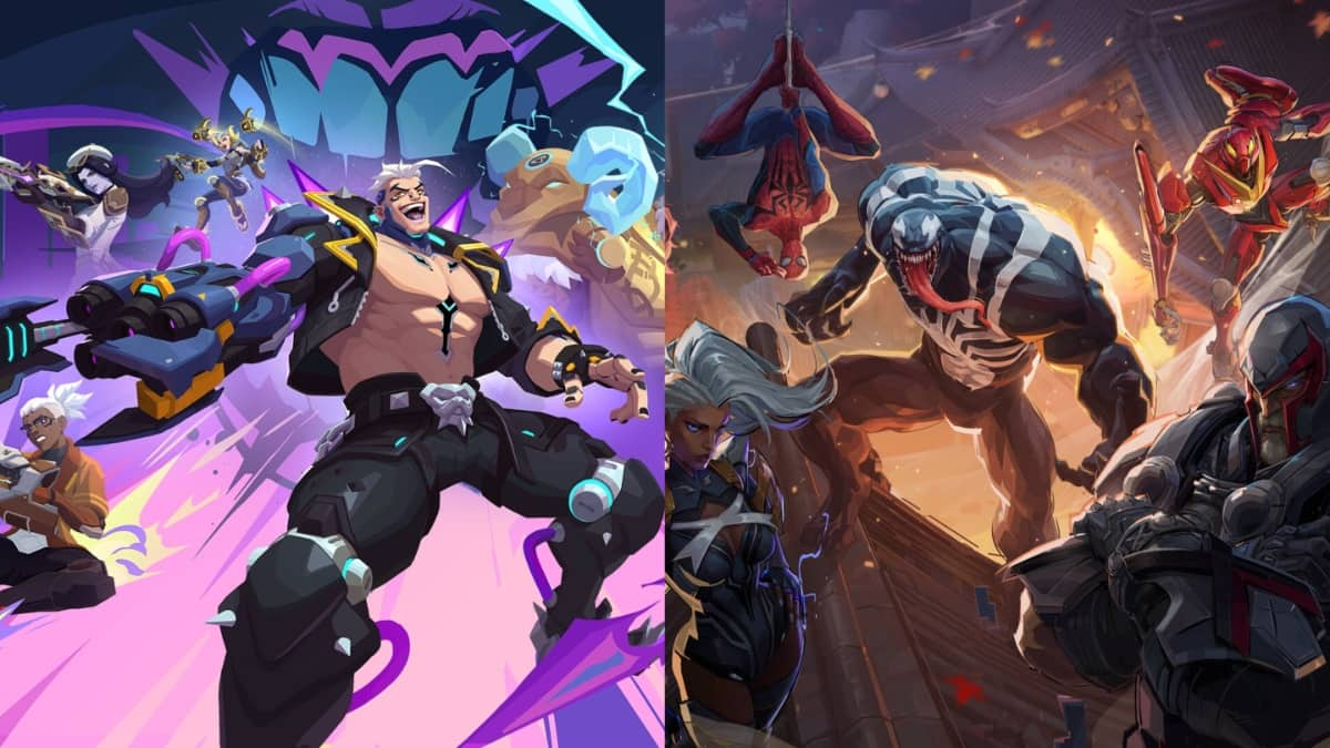 A split image that features artwork from both Overwatch 2 and Marvel Rivals. Overwatch 2 is centered on Havok, a tank, and Marvel Rivals is focused on Venom.