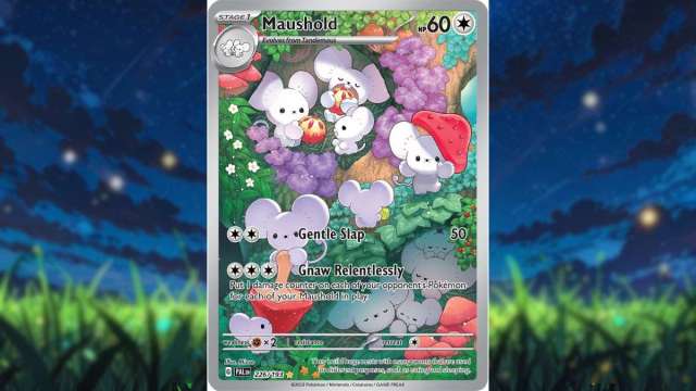 An image of a Maushold Pokemon Card featuring plenty of Pokemon resting, eating, and living in a cave and forest.