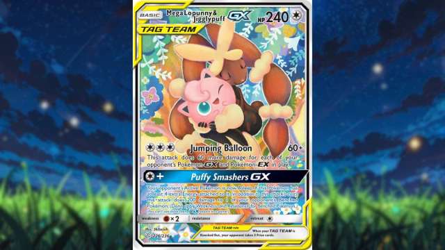 An image of the Mega Lopunny and Jigglypuff Pokemon Trading Card. This card features artwork of the two pokemon cuddling in flowers.