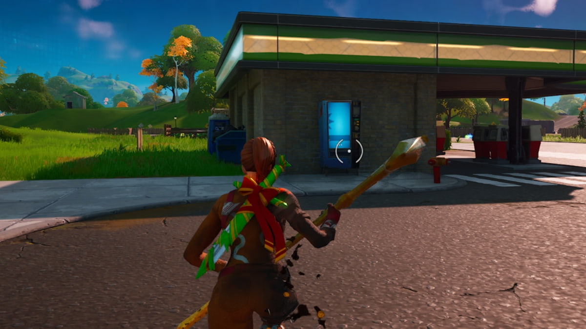 fortnite gingerbread character running toward a gas station