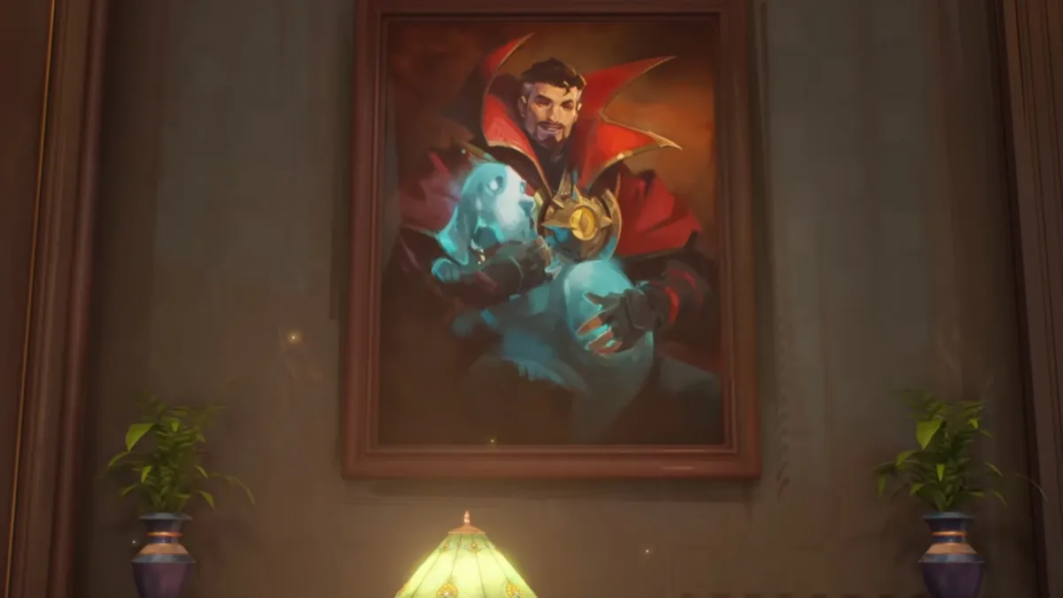 doctor strange and bats the dog in a painting in marvel rivals sanctum santorum map