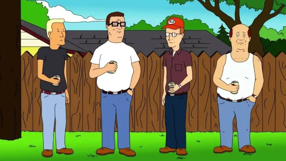 king of the hill guy characters in a line sipping beer in front of a wooden fence