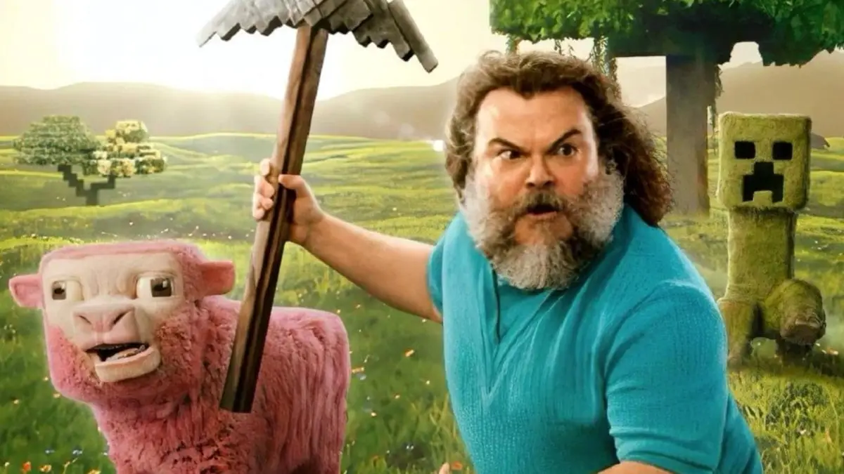 minecraft movie promo jack black, a green creeper, and a pink animal