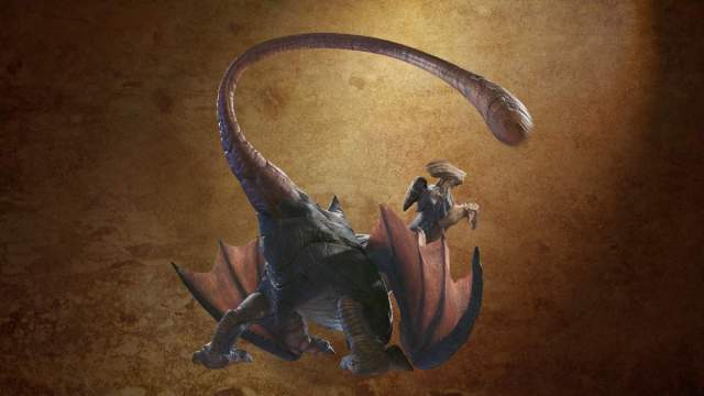 An image from Monster Hunter Wilds of the Gypceros, a tiny reptile with wings and a long tail.