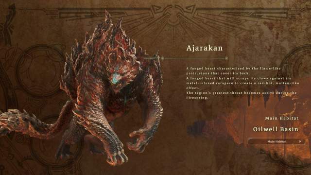 An image from Monster hunter wilds of the ajarakan, a large turtle with a fiery shell that walks on two legs.