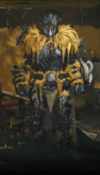 An image from Monster Hunter Rivals of the Doshaguma armor set, which features a plethora of yellow feathers taken from a monster. 