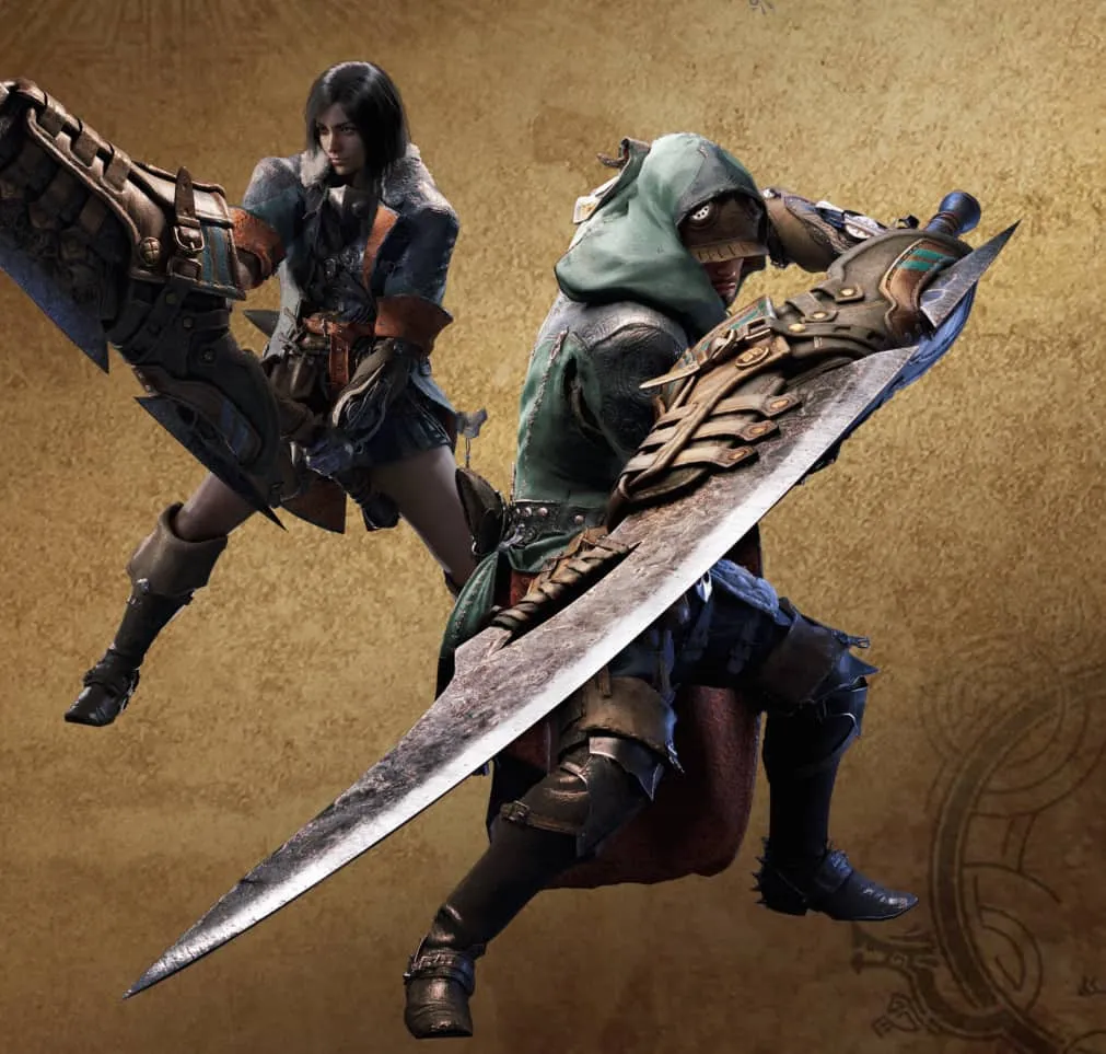 An image from Monster Hunter Wilds of two characters wielding Great Swords. 