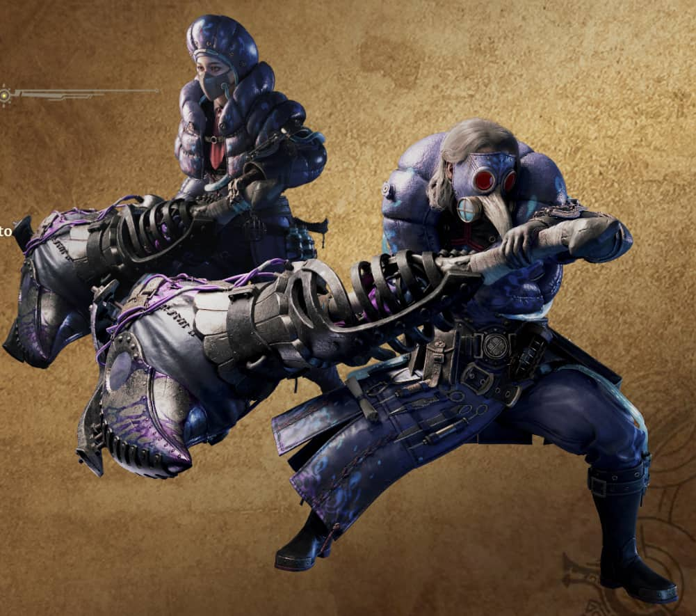 An image from Monster Hunter Wilds of two characters wielding a Hammer. 