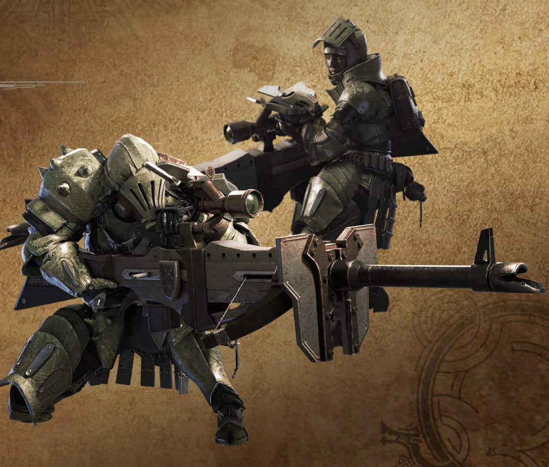 An image from Monster hunter wilds of two characters wielding heavy bowguns in armor. 