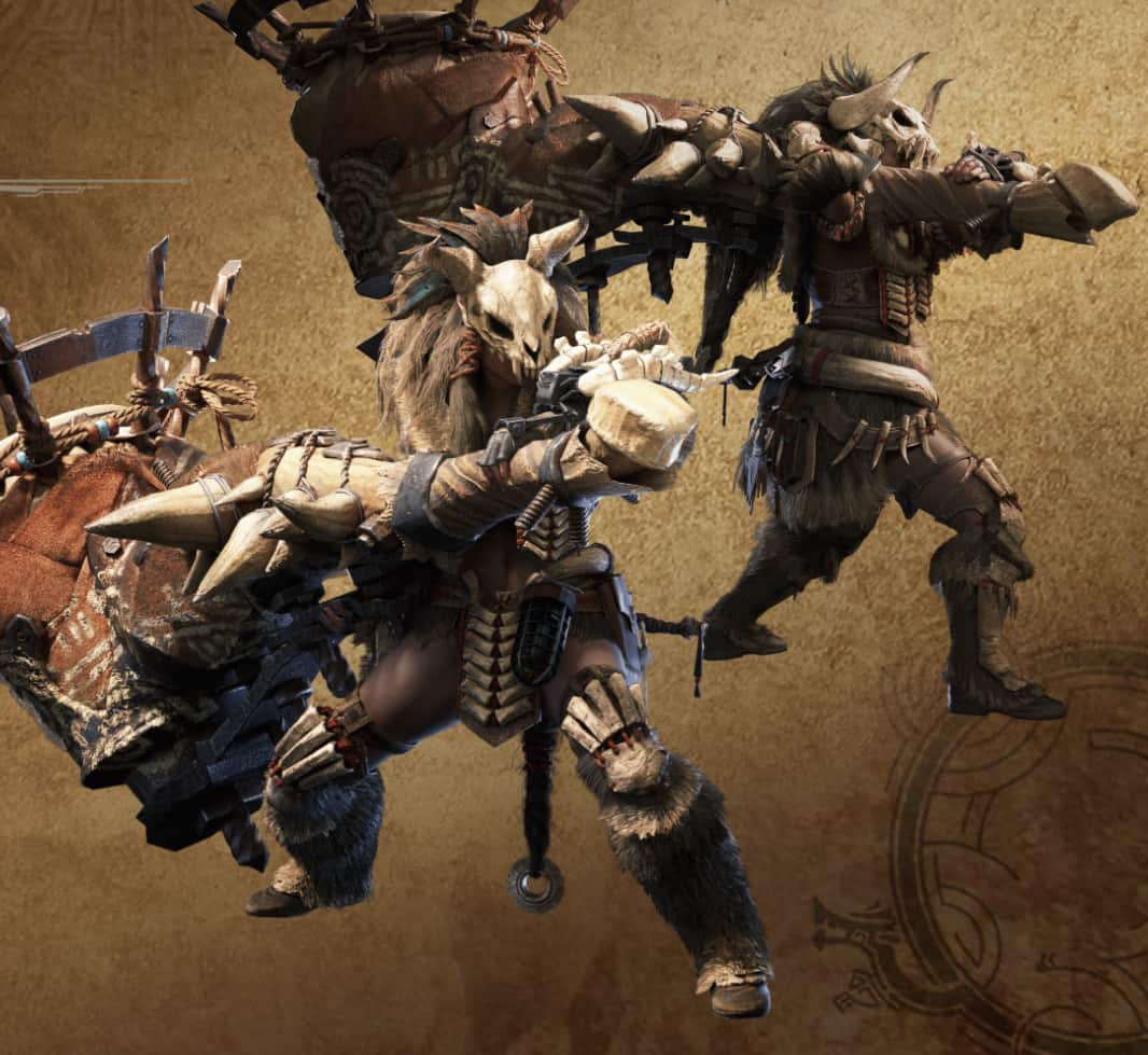 An image from Monster Hunter Wilds of two characters wielding the Hunting Horn support weapon. 