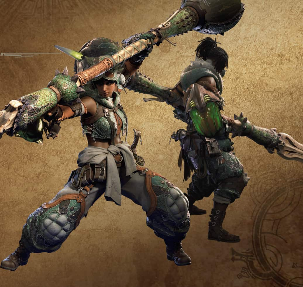 An image from Monster Hunter Wilds of two characters wielding Insect Glaives. 